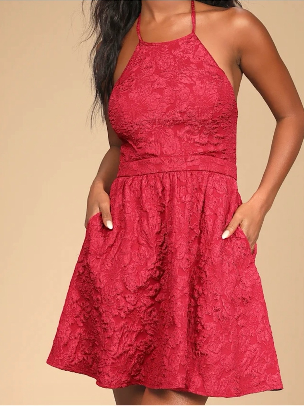 Sleeveless Red Lace Halter Mini Dress with Pockets